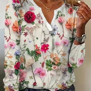 Floral Print Notched Neck T-Shirt